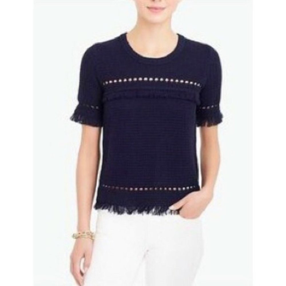 J. Crew | Factory Navy Crochet Fringe Knit Top